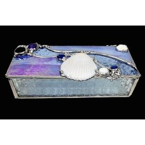 Stained Glass Box Seashells Faux Gems Iridescent Textured Blue 7.5"